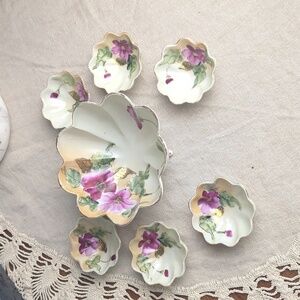 Vintage Made in Japan Porcelain Relish Server Set 3-Footed Bowl & 6 Floral bowls